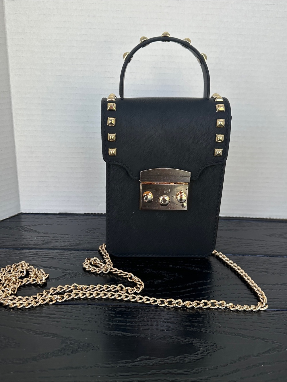 Black Studded Crossbody Bag with Gold Hardware - Picture 2 of 8